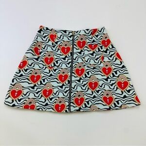 Hayley Elsaesser key heart skirt XS lined Aline zip front print twill mini mod